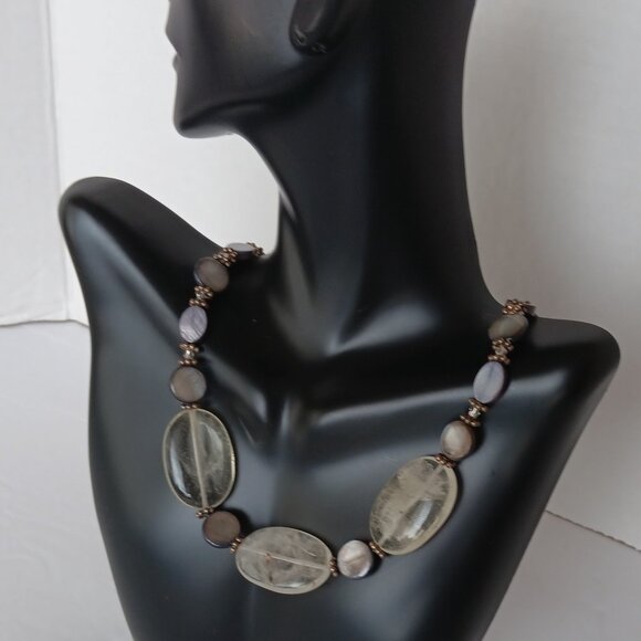 Handmad Grey & Black Necklace with Marbled Beads & Cloudy Agate Ovals 23 inches - Picture 15 of 16